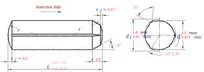 ISO 8740 - 1997Grooved Pins-Full-Length Parallel Grooved, With Chamfer