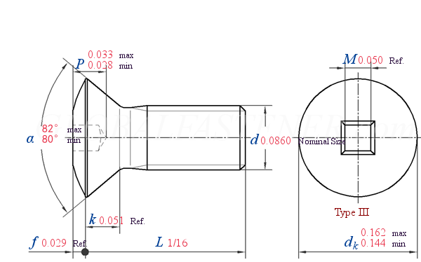 ASME B 18.6.3 T8-III -  2013 Square recessed raised countersunk head screws - Type III [Table 7&8]