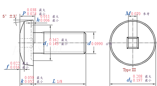 ASME B 18.6.3 T28-III -  2013 四方槽球面圆柱头螺钉