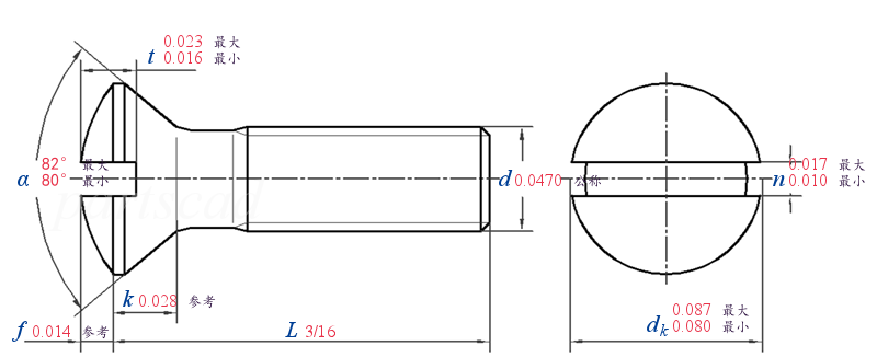 ASME B 18.6.3 T7 -  2013 82° 开槽半沉头机械螺钉 [Table 7] (ASTM F837 / F468)
