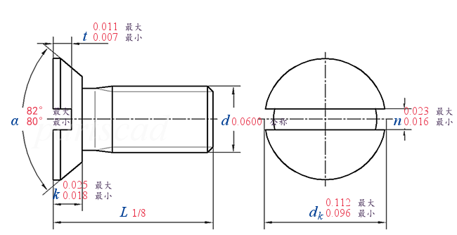 ASME B 18.6.3 T9 -  2013 开槽82°沉头清根机械螺钉 [ Table 9 ] (ASTM F837 / F468)