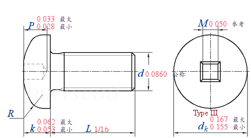 ASME B 18.6.3 T19-III -  2013 四方槽盘头螺钉 [Table 19] (ASTM F837, F468)