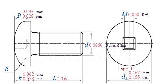ASME B 18.6.3 T19-III -  2013 Square Recessed Pan Head Screws, Type III [Table 19] (ASTM F837, F468)