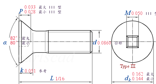 ASME B 18.6.3 T2-III -  2013 四方槽沉头螺钉 [Table 2] (ASTM F837, F468)